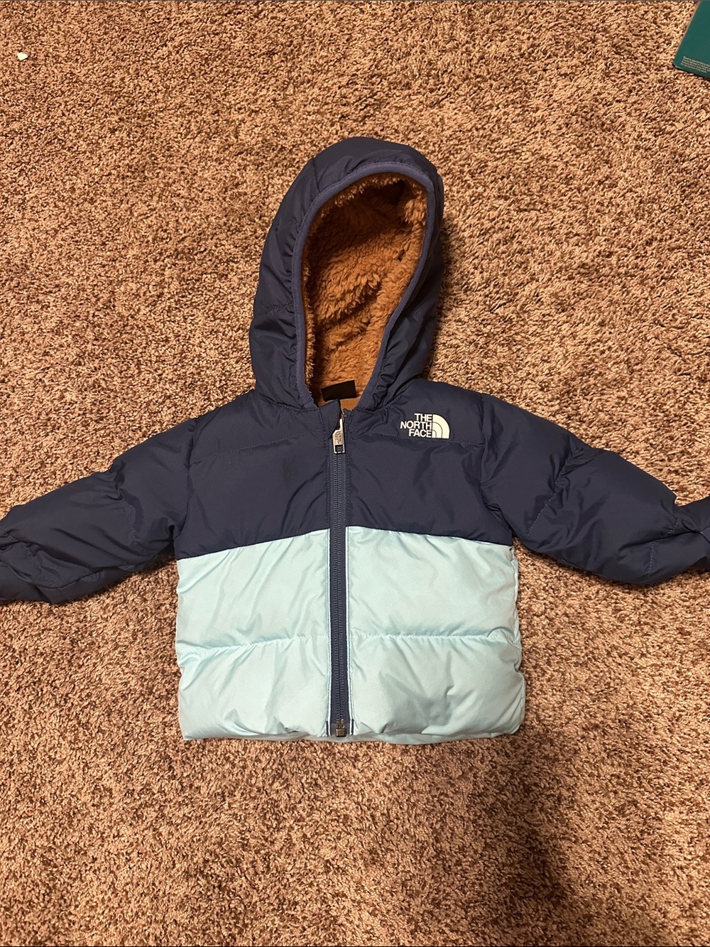 The North Face Two-Tone Navy and Light Blue Hooded Puffer
